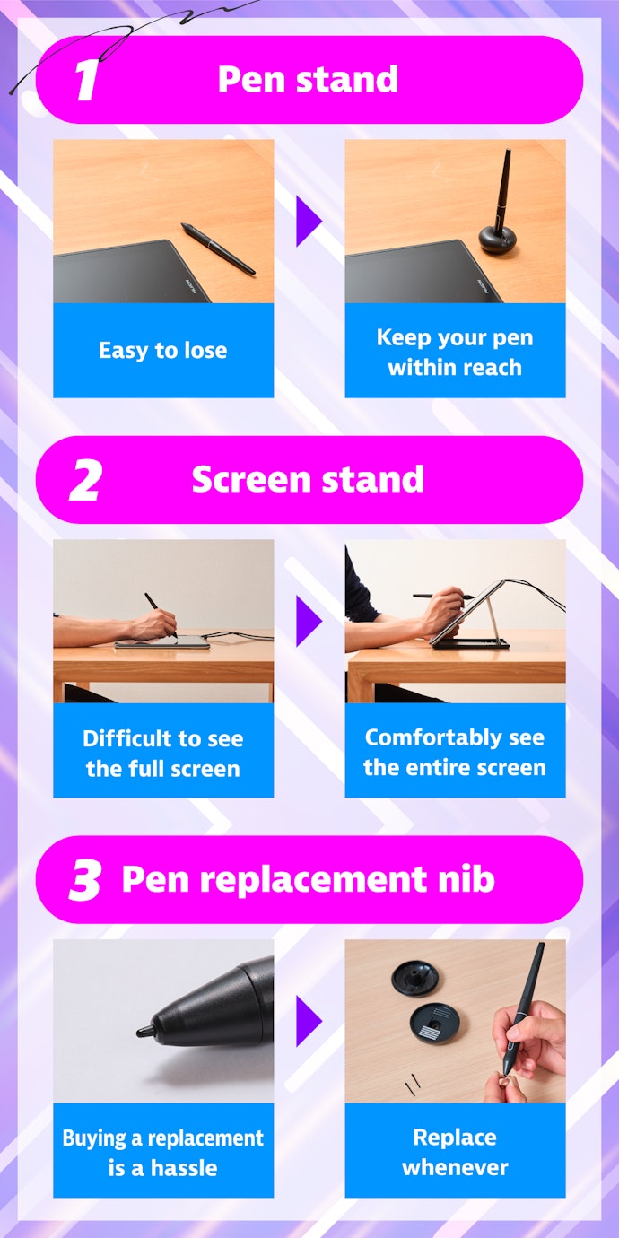 Pen Stands, Tablet Stands, and Spare Nibs Make Illustration Easier