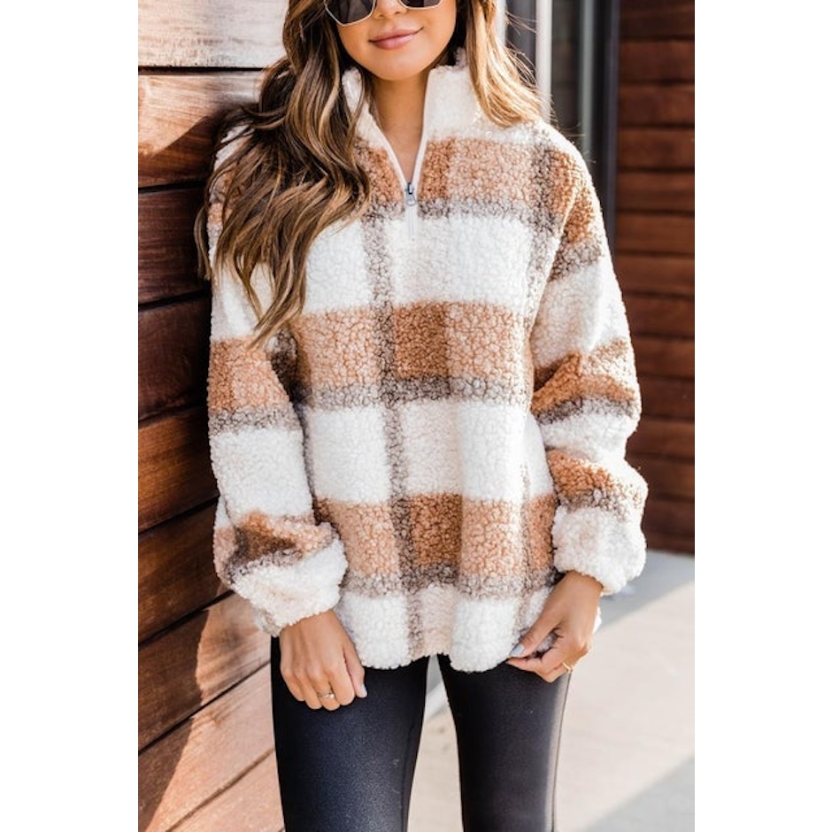 Pink Lily A Round Of Applause Plaid Sherpa Pullover Image 1