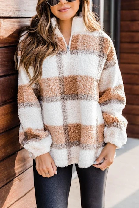 Pink Lily A Round Of Applause Plaid Sherpa Pullover Image 1