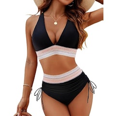 Color Block Two Piece Drawstring Bathing Suit