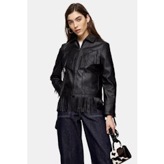 Black Faux Leather Fringe Jacket