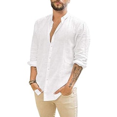 Mens Casual Long Sleeve Cotton Linen Shirt