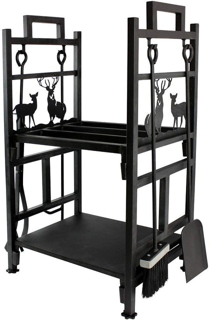 Fireplace Log Holder With 4 Fire Pit Tools Set 1