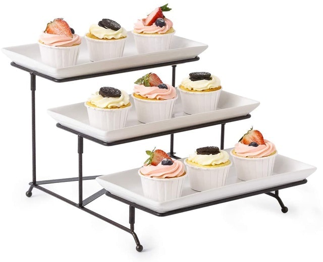 Collapsible Sturdy Rack with 3 Porcelain Serving Platters 1