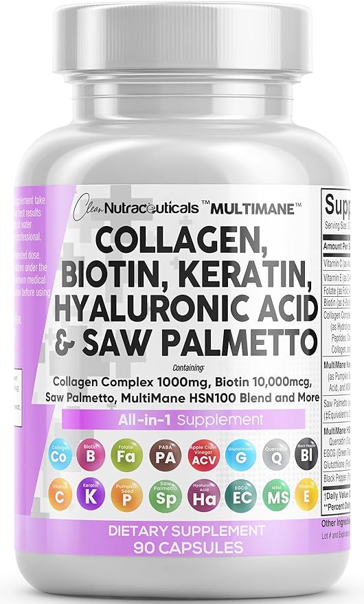 Collagen Pills 1000mg Biotin 10000mcg Keratin Saw Palmetto 2500mg Hyaluronic Acid 1