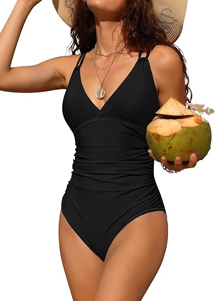 Solid Color V Neck Criss Cross Light One-Piece Swimsuit 1