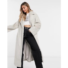 luxe belted faux fur maxi coat in cream