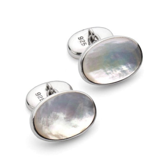 Mother of Pearl Stone Classic Chain Link Oval Shaped Cufflinks 1