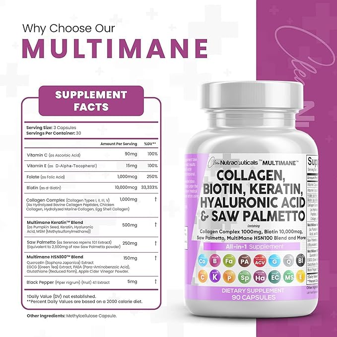 Collagen Pills 1000mg Biotin 10000mcg Keratin Saw Palmetto 2500mg Hyaluronic Acid 2