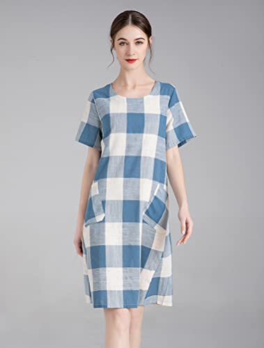 Linen Shirt Dress Short Sleeve Plaid Tunic Midi Dress 2