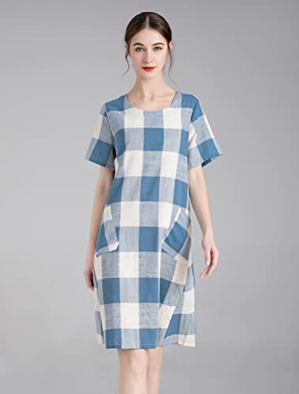 Linen Shirt Dress Short Sleeve Plaid Tunic Midi Dress 2