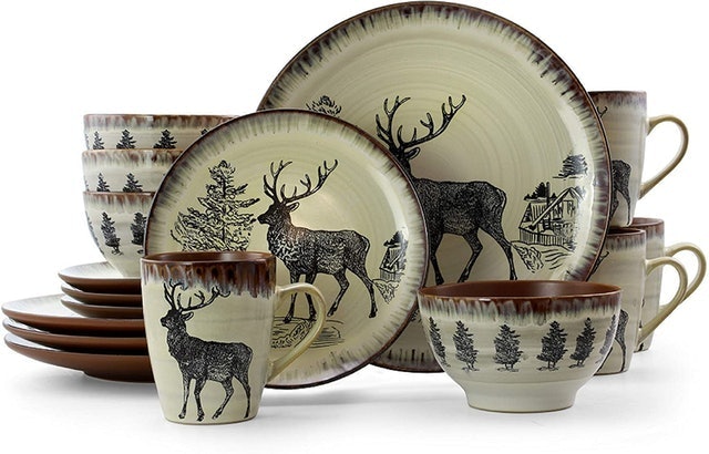 Round Stoneware Cabin 16-Piece Dinnerware Dish Set 1