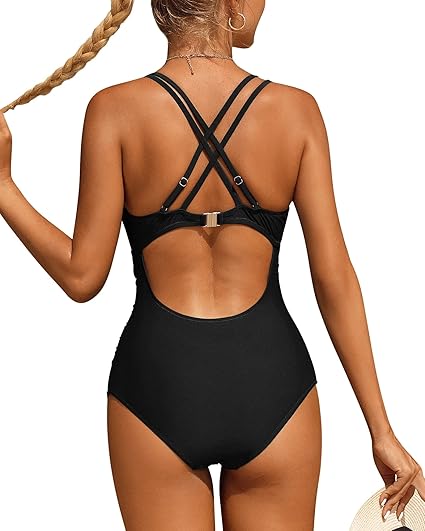 Solid Color V Neck Criss Cross Light One-Piece Swimsuit 2