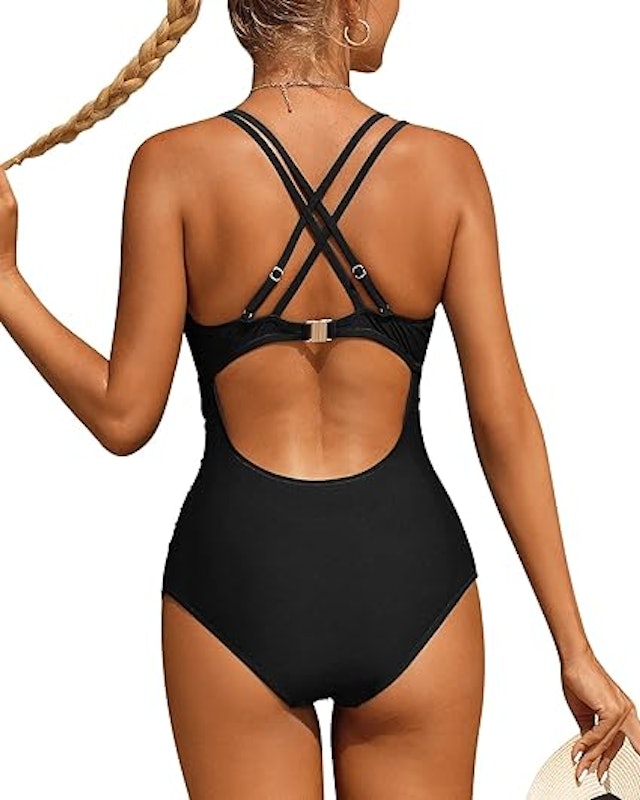 Solid Color V Neck Criss Cross Light One-Piece Swimsuit 2