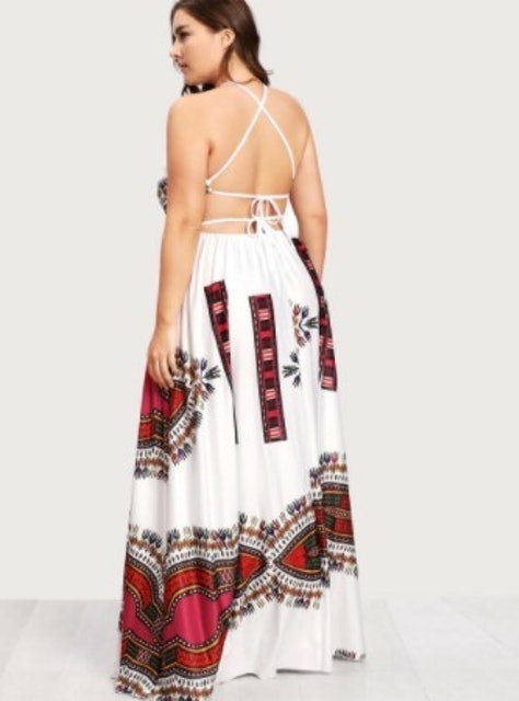 Plus Ornate Print Lace Up Backless Dress 1