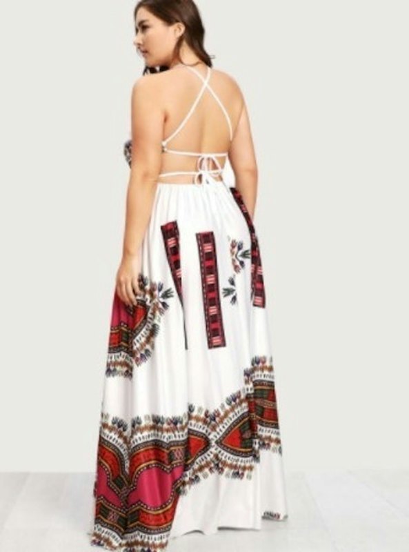 Plus Ornate Print Lace Up Backless Dress 1