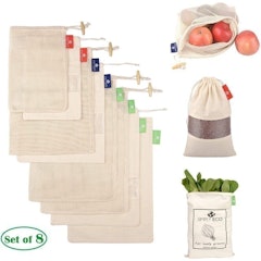 8 Cotton Reusable Produce Bags With Drawstrings
