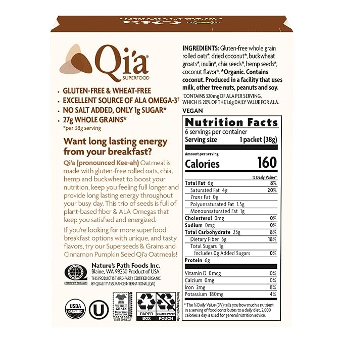 Qi'a Superfood Organic Gluten Free Creamy Coconut Instant Oatmeal 2