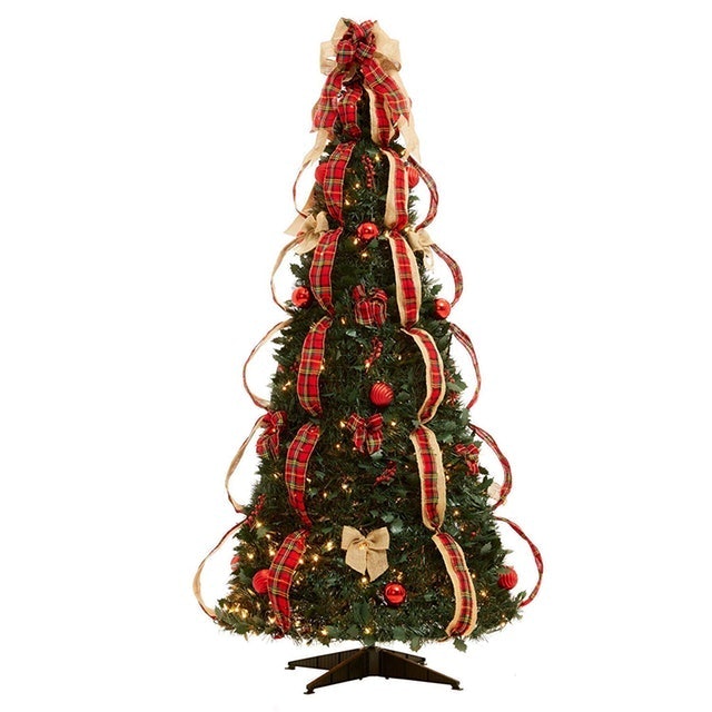 Flat-to-Fabulous Fully Decorated, Pre-lit 6-foot Christmas Tree, Plaid 1