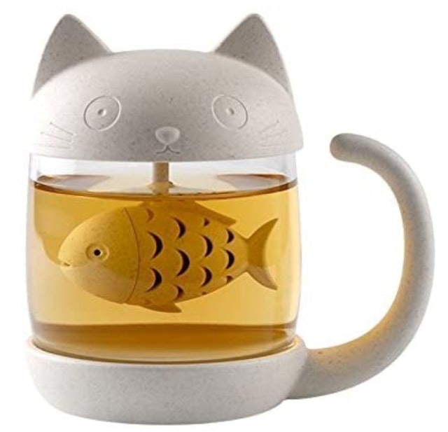 Cute Cat Glass Cup Tea Mug With Fish Tea Infuser 1