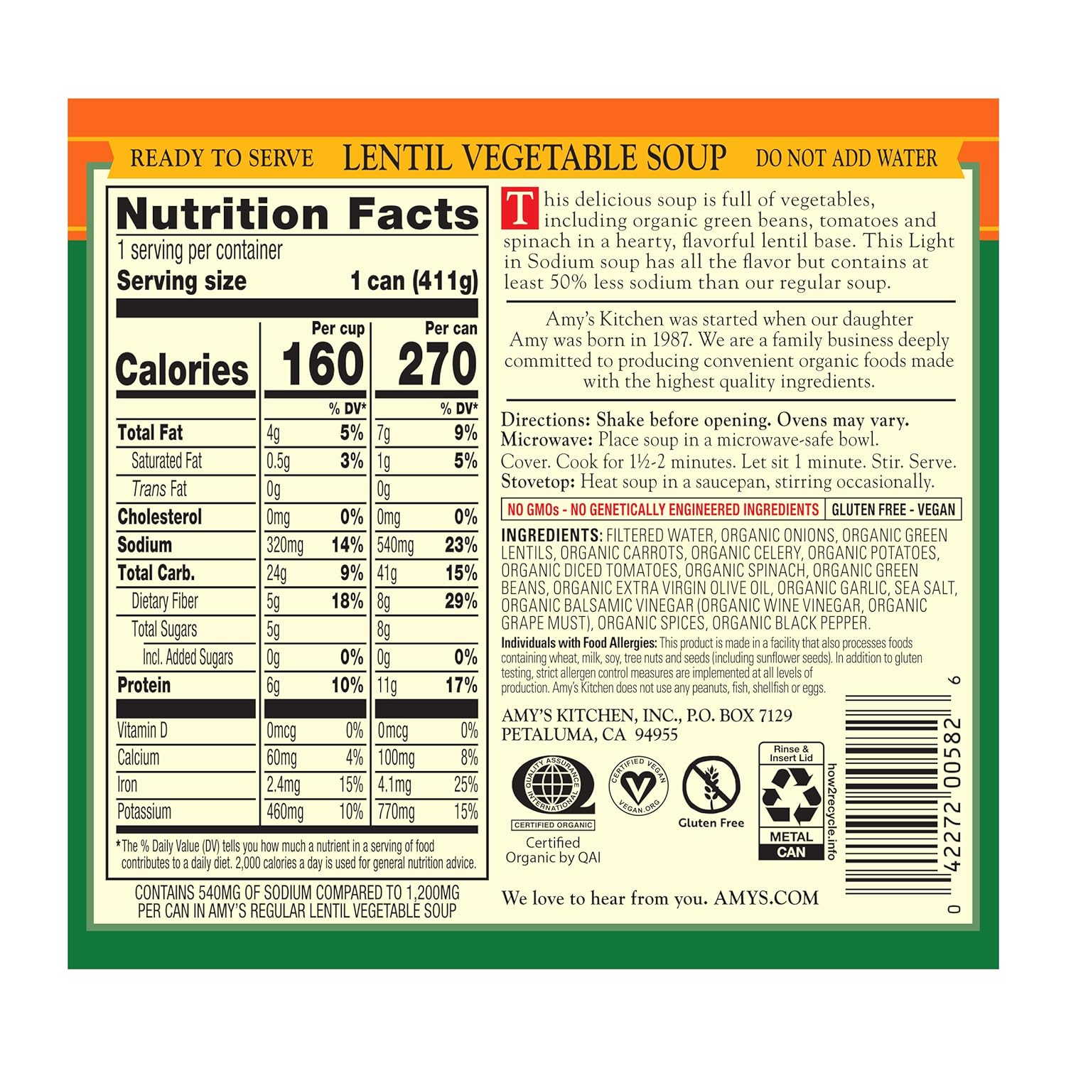 Organic Lentil Vegetable Soup, Light In Sodium 2
