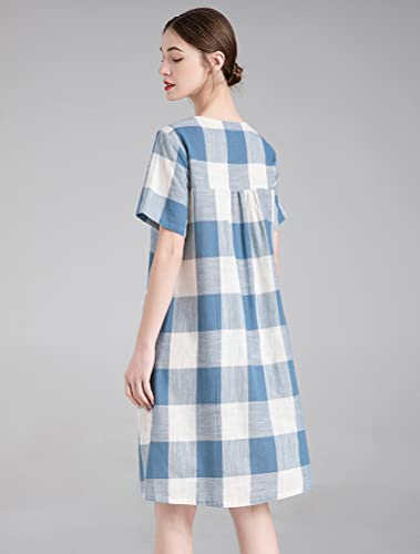 Linen Shirt Dress Short Sleeve Plaid Tunic Midi Dress 3