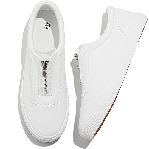 Women's PU Leather White Slip On Sneakers 1