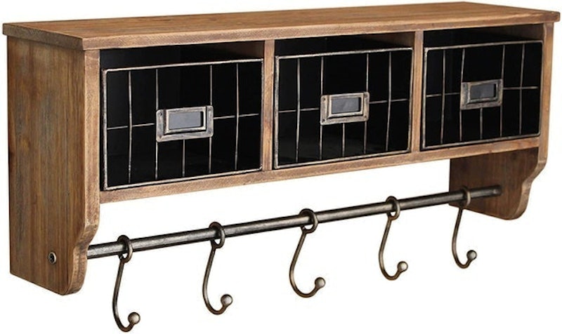 Rustic Wall-Mounted Shelf With Hooks & Baskets 1