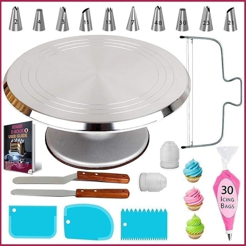 RFAQK 150 PCs Cake Decorating Supplies Kit for Beginners-1 Turntable  stand-48 Numbered icing tips with pattern chart & E.Book-1
