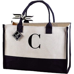 Classic Black and White Initial Canvas Tote Bag