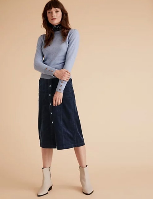 Corduroy Button Front Midi A-Line Skirt 1